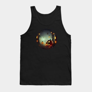 Scary pumpkin in the night foggy forest Tank Top